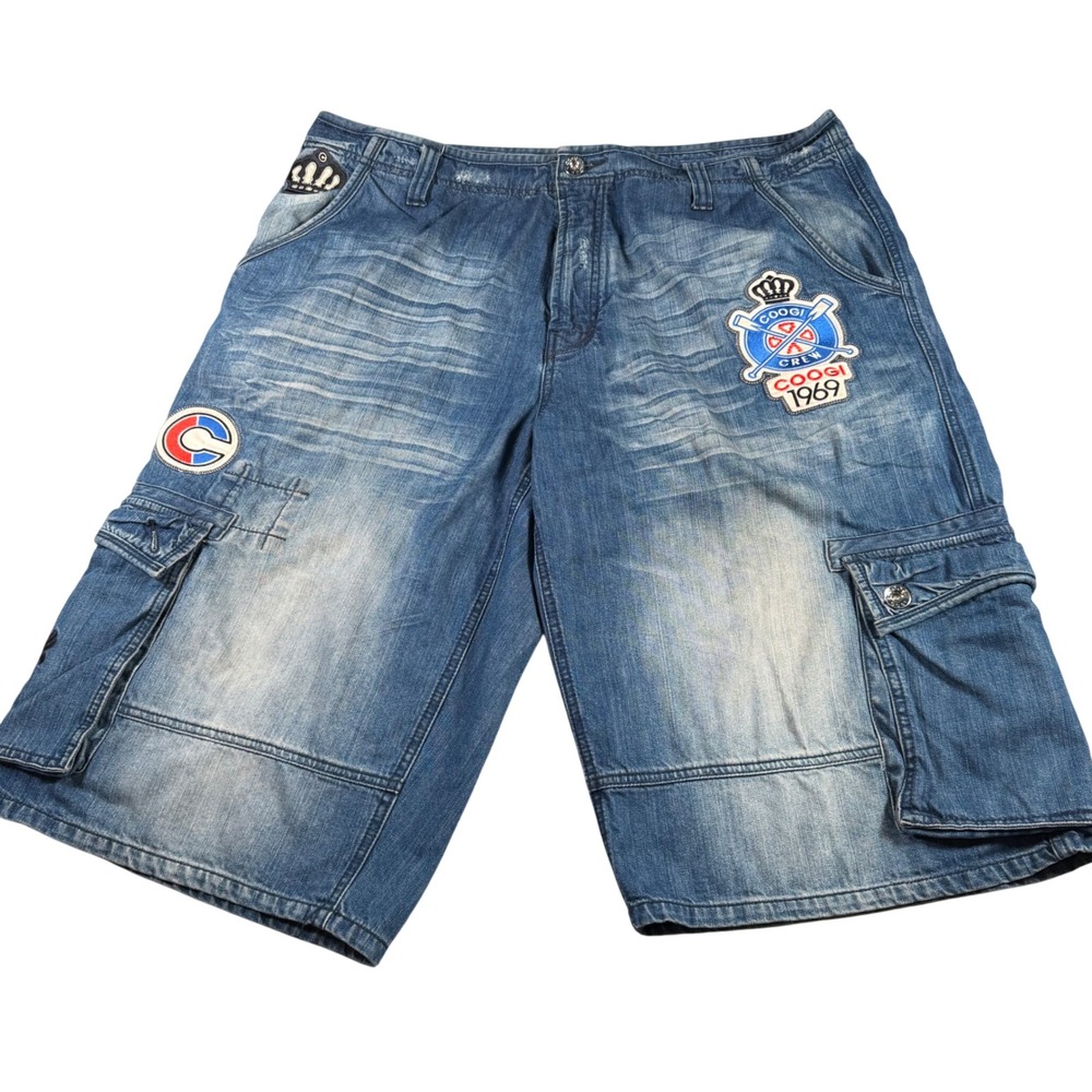Coogi Denim Cargo Shorts Mens Size 42 Blue Embroidered Patch Heavy Wash Y2K READ